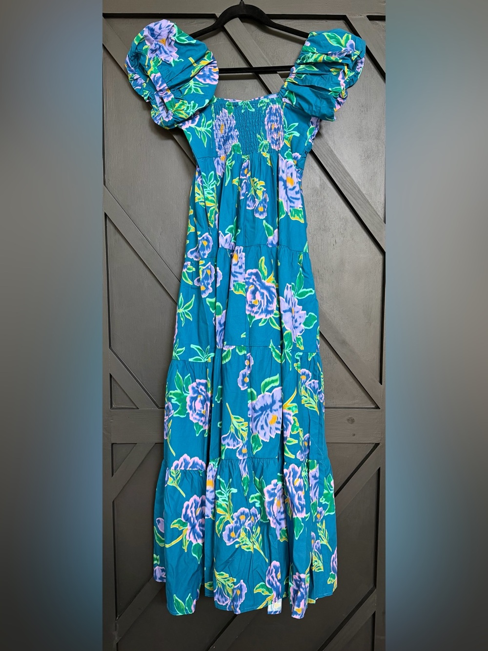 Peach Love Teal Tiered Maxi Dress with Puff Sleeves in Purple Floral, Small - Picture 8 of 11